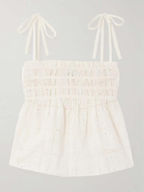 GANNI Shirred broderie anglaise organic cotton top