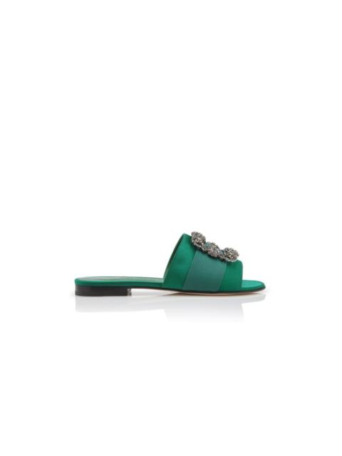Manolo Blahnik Emerald Green Satin Jewel Buckled Sliders