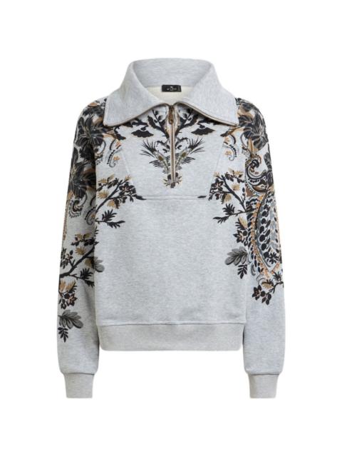 Etro cotton sweatshirt with short-zip and placed Paisley and flower print
