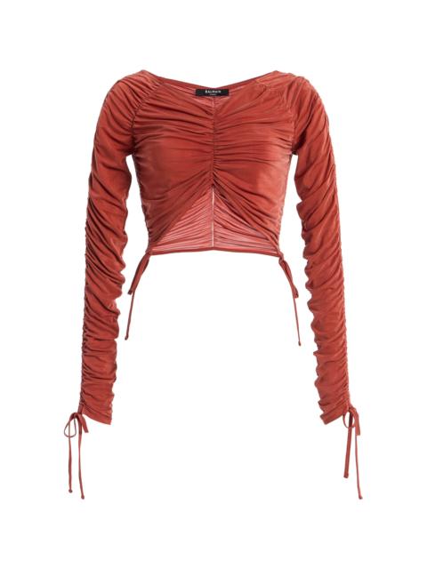 Balmain Cropped Draped Jersey Top red