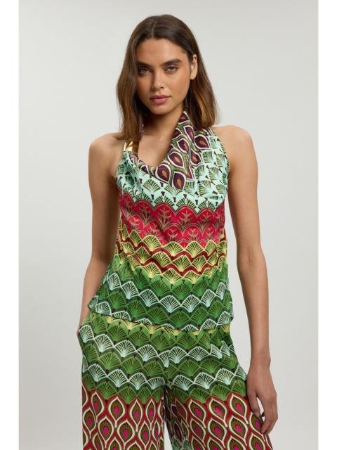 KAREN MILLEN Satin Viscose Trim Detail Multi Print Top