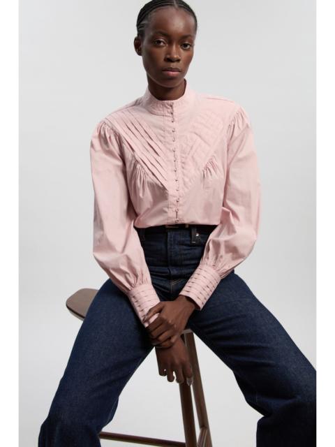 KAREN MILLEN Cotton Pleated High Neck Balloon Sleeve Woven Blouse