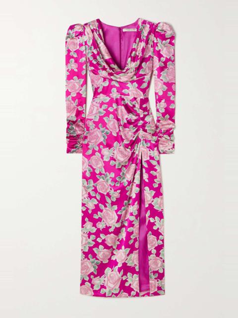 Draped floral-print duchesse silk-satin midi dress