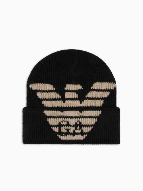 Ribbed wool-blend beanie with oversized jacquard eagle