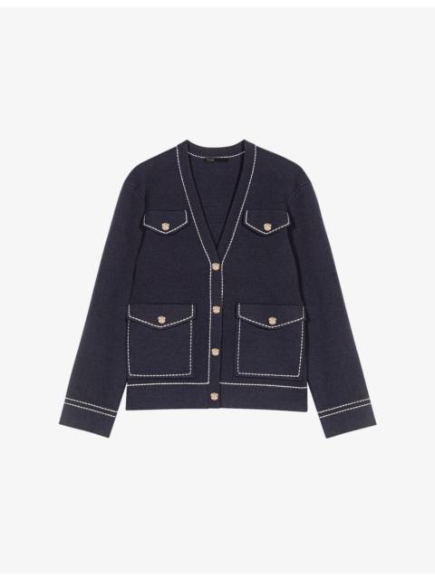 maje V-Neck Contrast-Stitched Knitted Cardigan