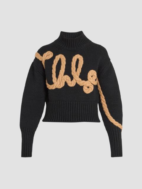 Chloé Women's Contrast-Knit Logo Appliqué Wool Sweater - Black