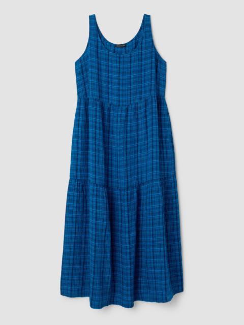 EILEEN FISHER Puckered Organic Linen Plaid Tiered Dress