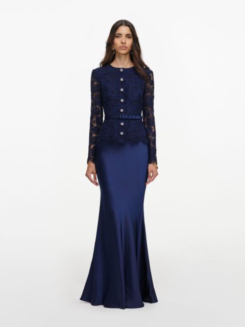 self-portrait Navy Tailored Lace Satin Maxi Dress