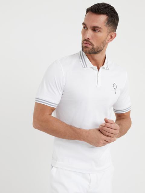Cotton jersey polo with striped collar and tennis logo