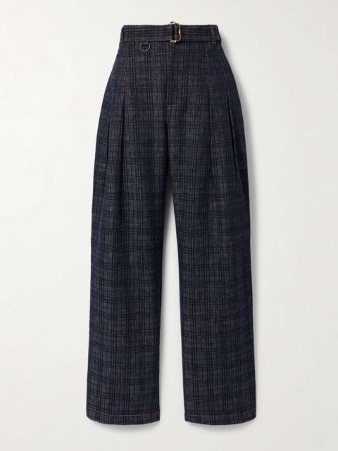 Burberry Belted pleated cotton-tweed wide-leg pants Navy