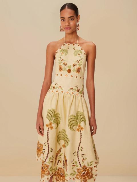 FARM RIO Sand Delicate Forest Richelieu Embroidered Euroflax™ Premium Linen Midi Dress