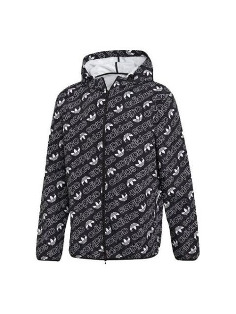 adidas originals Full Print Athleisure Casual Sports hooded Woven Windproof Outdoor Jacket Black DH4