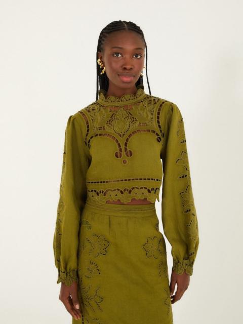 FARM RIO Green Majestic Garden Euroflax Premium Linen Richelieu Blouse