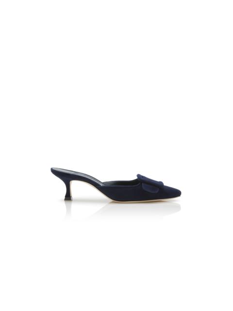 Manolo Blahnik Navy Blue Suede Kitten Heel Mules