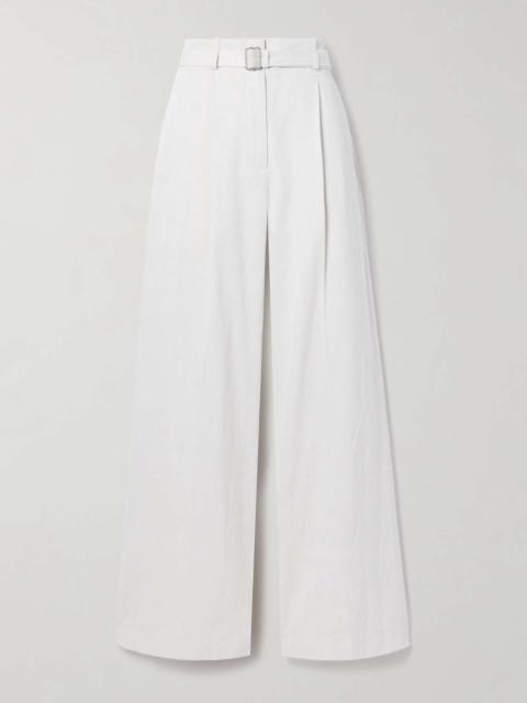 Dana belted faux leather-trimmed pleated cotton and linen-blend wide-leg pants