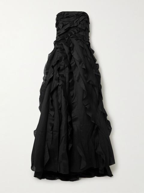 Aje. Allairie strapless ruffled shirred faille gown Black