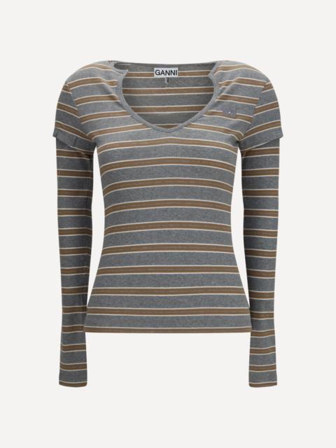 GANNI Ribbed V-neck long-sleeve T-shirt