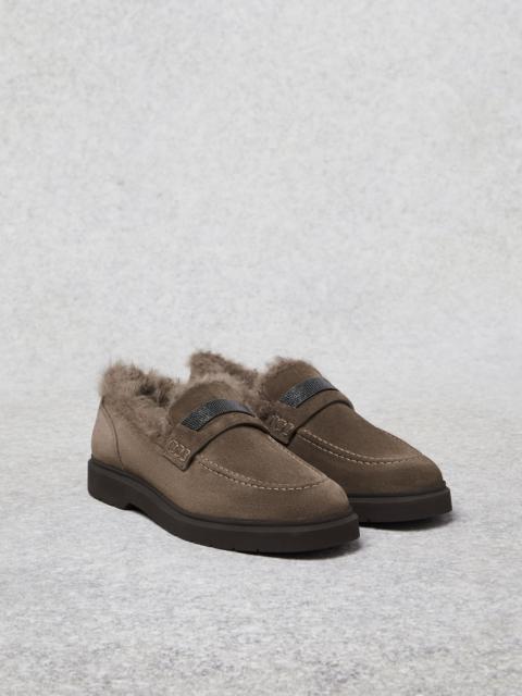 Suede penny loafers with shearling lining and precious insert