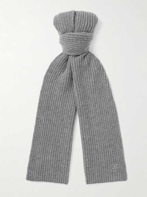 CELINE Logo-Embroidered Ribbed Cashmere Scarf Gray