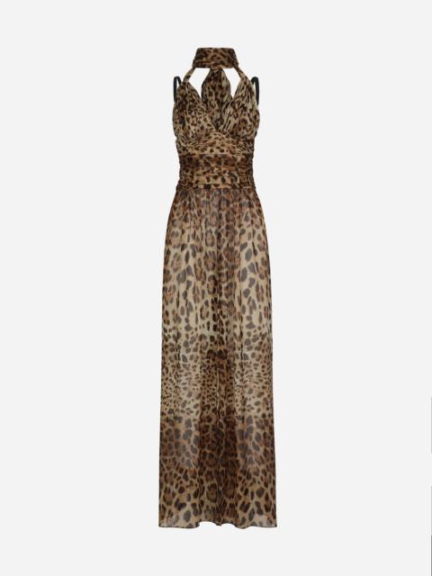 Long leopard-print chiffon dress