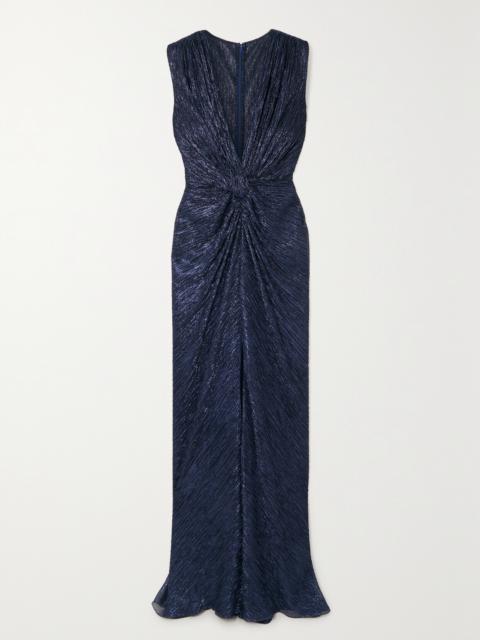COSTARELLOS Mireille Twist-front Metallic Plissé-jersey Gown