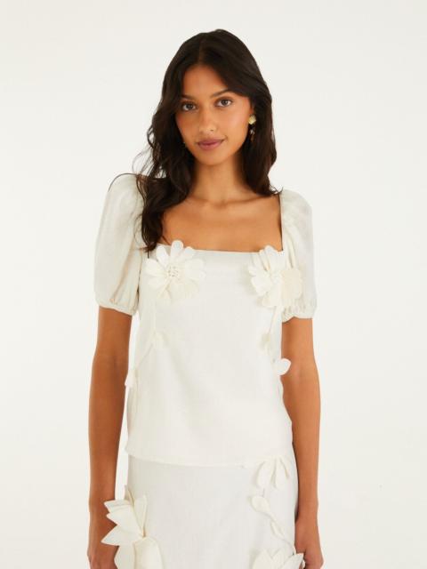 FARM RIO Off-White 3D Flowers Puff Sleeve Blouse