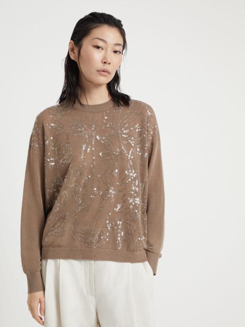 Brunello Cucinelli Linen sweater with dazzling flower embroidery