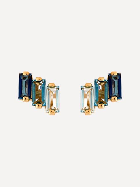 SUZANNE KALAN 14ct Gold Multi Blue Topaz Three Baguette Stud Earrings
