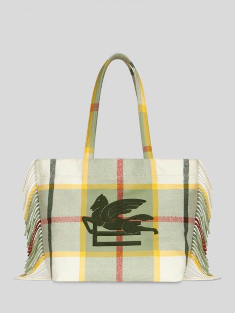 LARGE CHECK JACQUARD SOFT TROTTER TOTE BAG WITH FRINGING