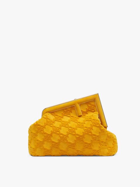 FENDI Medium Fendi First bag made of soft yellow suede, embroidered with a smooth-textured Karligraphy mot