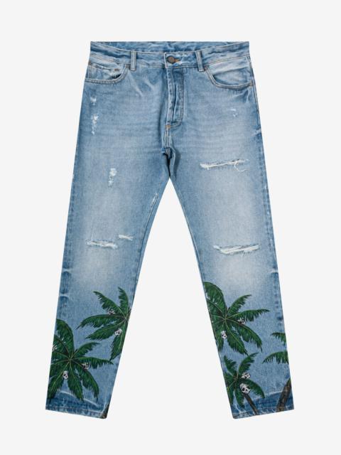 Palm Angels Light Blue Palms Print Jeans