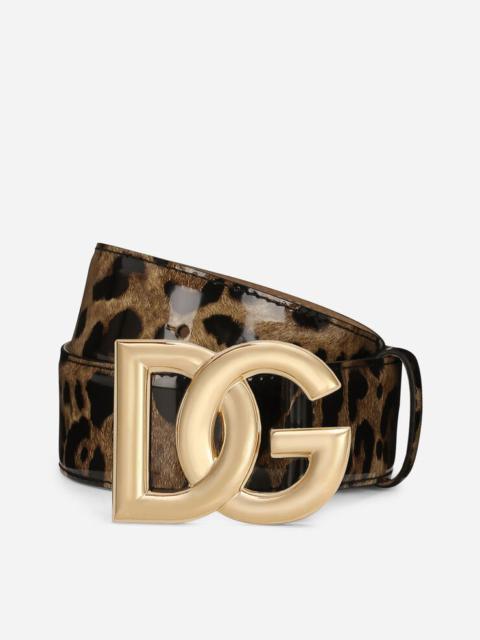 Leopard-print glossy calfskin belt with DG logo