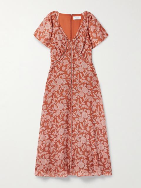 LA LIGNE Gaelle Mesh-trimmed Ruffled Floral-print Silk Crepe De Chine Midi Dress