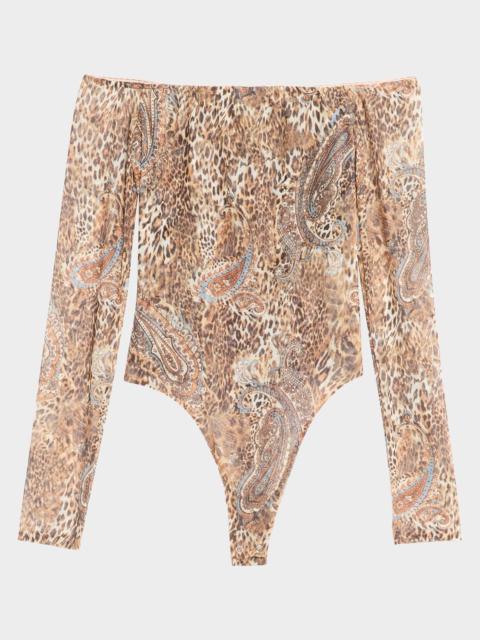 L'AGENCE Valencia Leopard Peonie Off-Shoulder Bodysuit