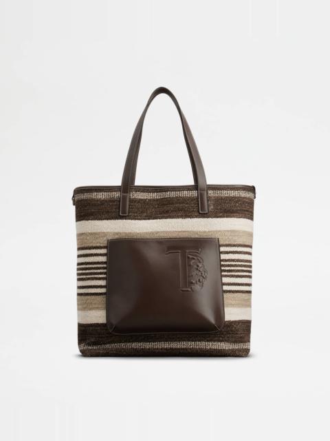 Tod's SHOPPING BAG IN FABRIC AND LEATHER MEDIUM - BROWN