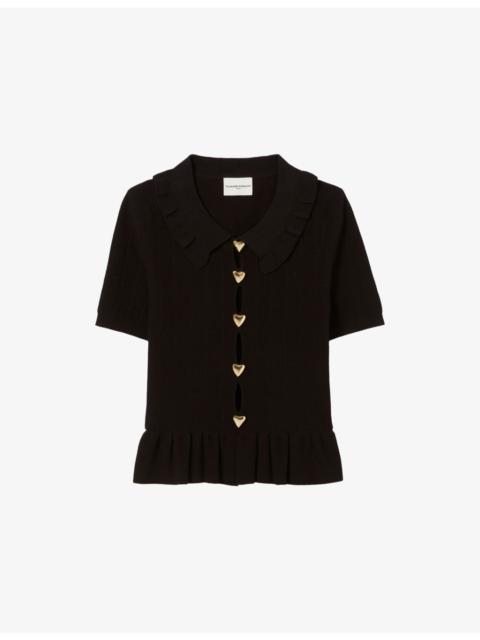 Claudie Pierlot Collared Heart-Embellished Stretch-Knit Top