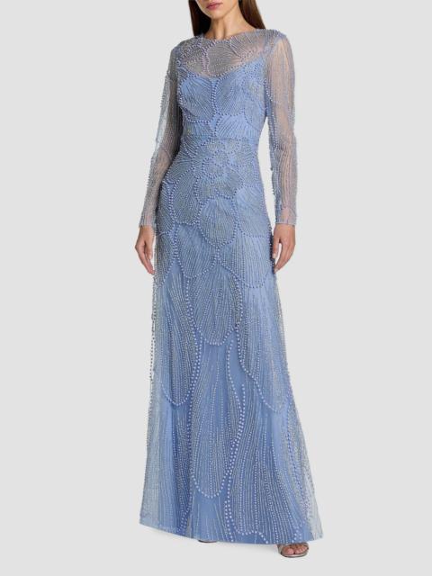 MAC DUGGAL Women's Beaded Mesh Long-Sleeve A-Line Gown - Periwinkle