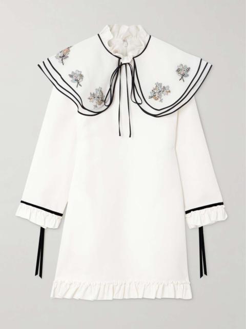 Valentino Embellished cape-effect ruffled wool and silk-blend crepe mini dress White