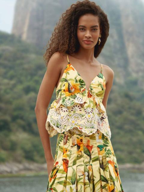 FARM RIO Soft Yellow Brasil Collage Lace Ruffled Blouse