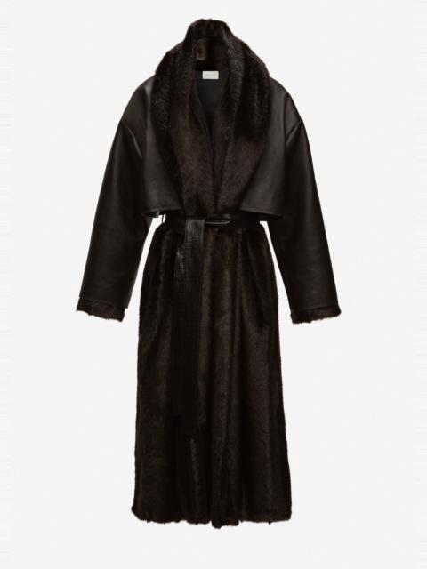 MAGDA BUTRYM Faux fur coat with leather cape in dark brown