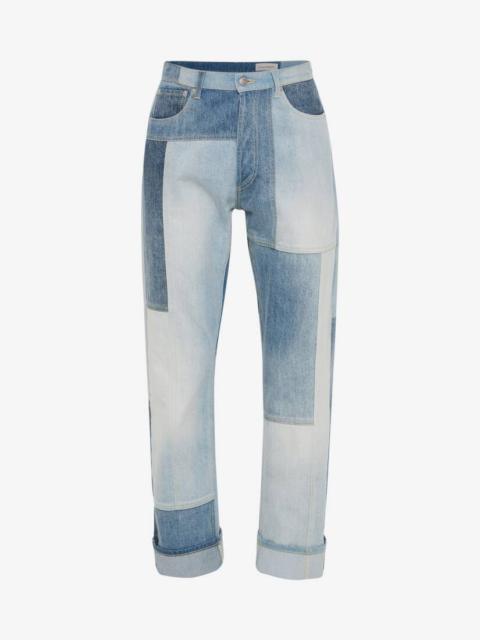 Alexander McQueen Men's Patchwork Wide-leg Jeans in Washed Blue