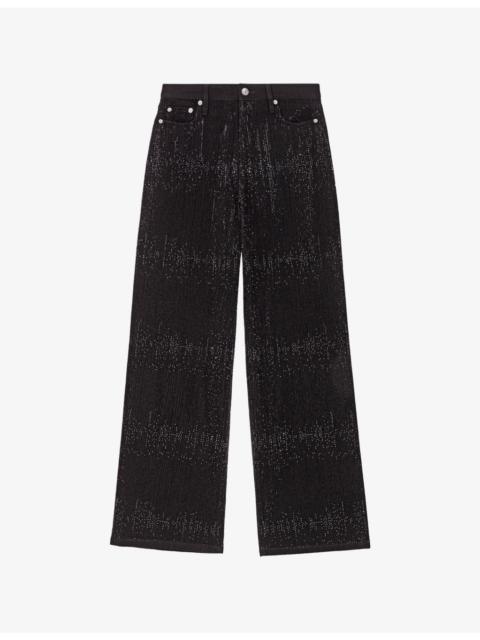 maje Rhinestone Wide-Leg Mid-Rise Stretch-Denim Jeans