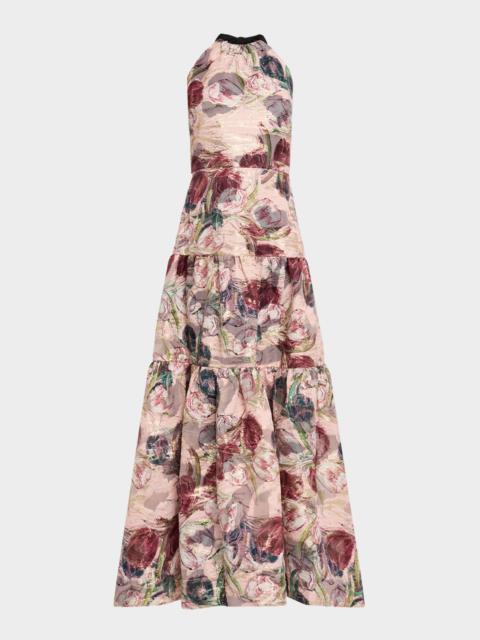 MILLY Gizelle Tiered Floral Brocade Halter Gown