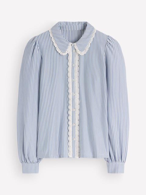 BODEN Lace Frill Blouse-Faded Denim and Ivory Stripe