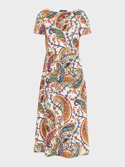 Etro Paisley-Print Short-Sleeve A-Line Midi Dress