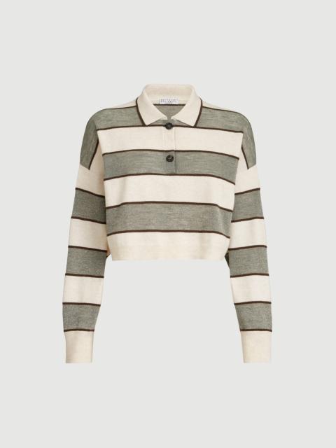 Brunello Cucinelli Virgin wool, cashmere and linen cropped knit polo with sparkling stripes