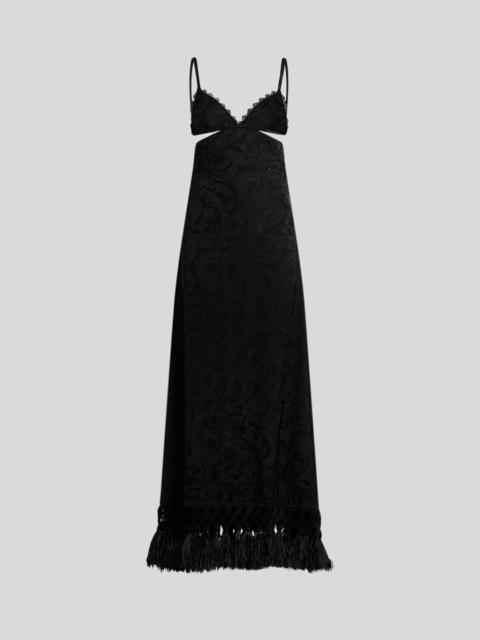 Etro JACQUARD LONG DRESS WITH LACE, OSTRICH FEATHERS AND PAISLEY MOTIF