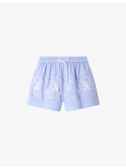 Sandro Embroidered Drawstring-Waist Cotton Shorts