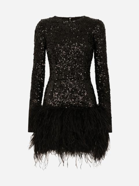 Short sequined dress with feather trim