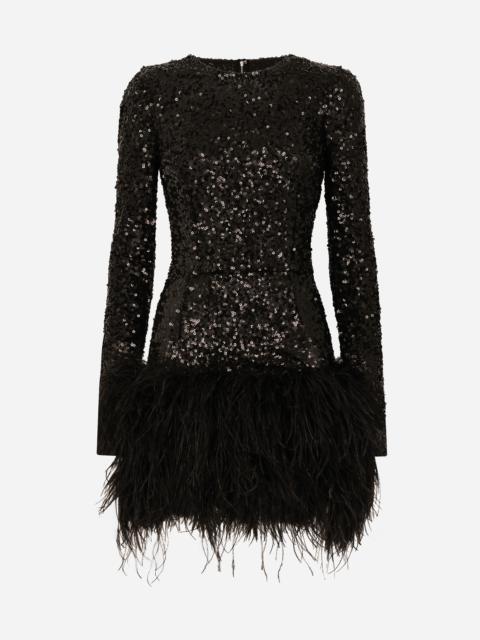 Dolce & Gabbana Short sequined dress with feather trim